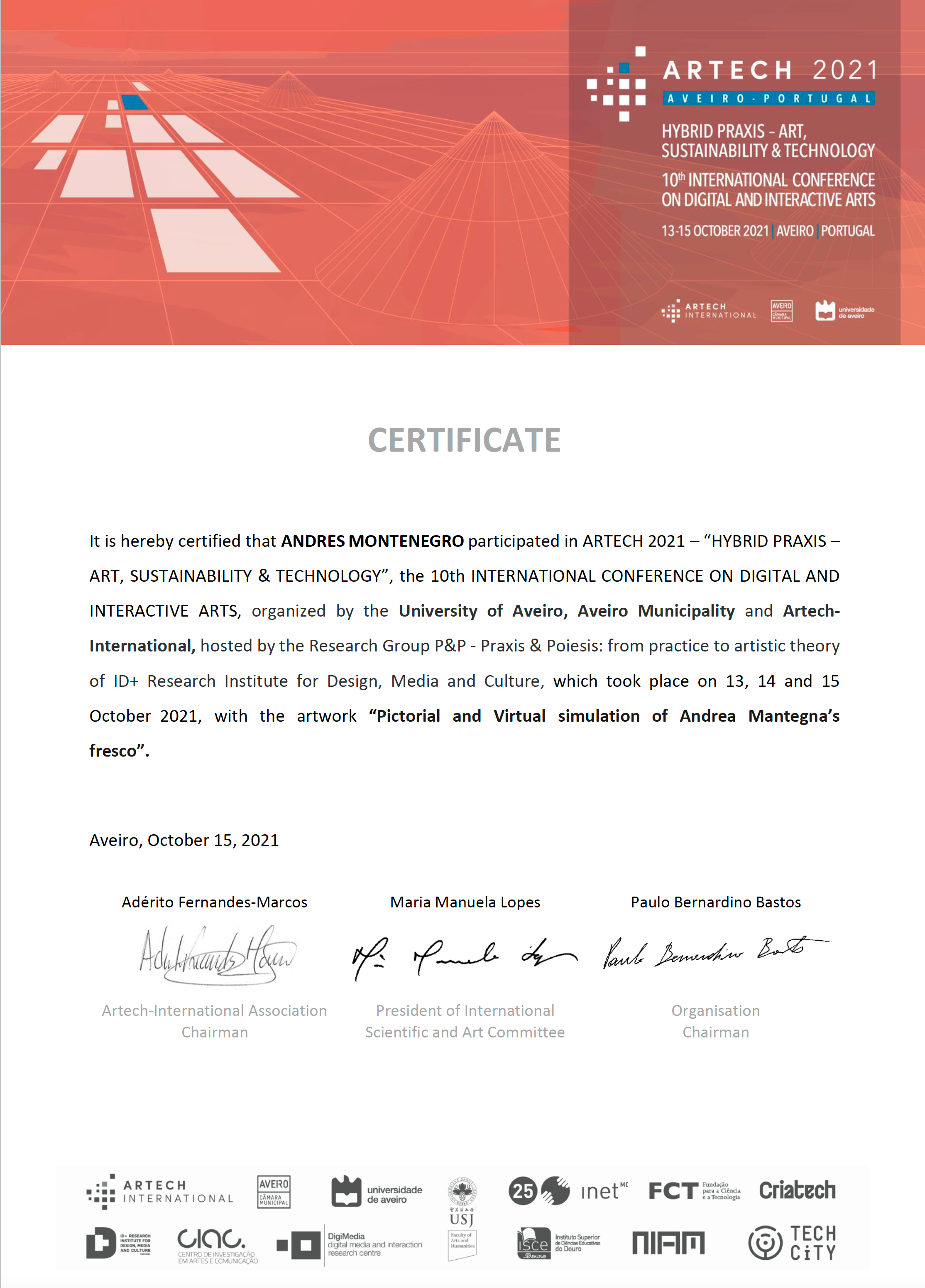 A picture of a certificate showing that Andres Montenegro has participated in the ARTech21 Conference