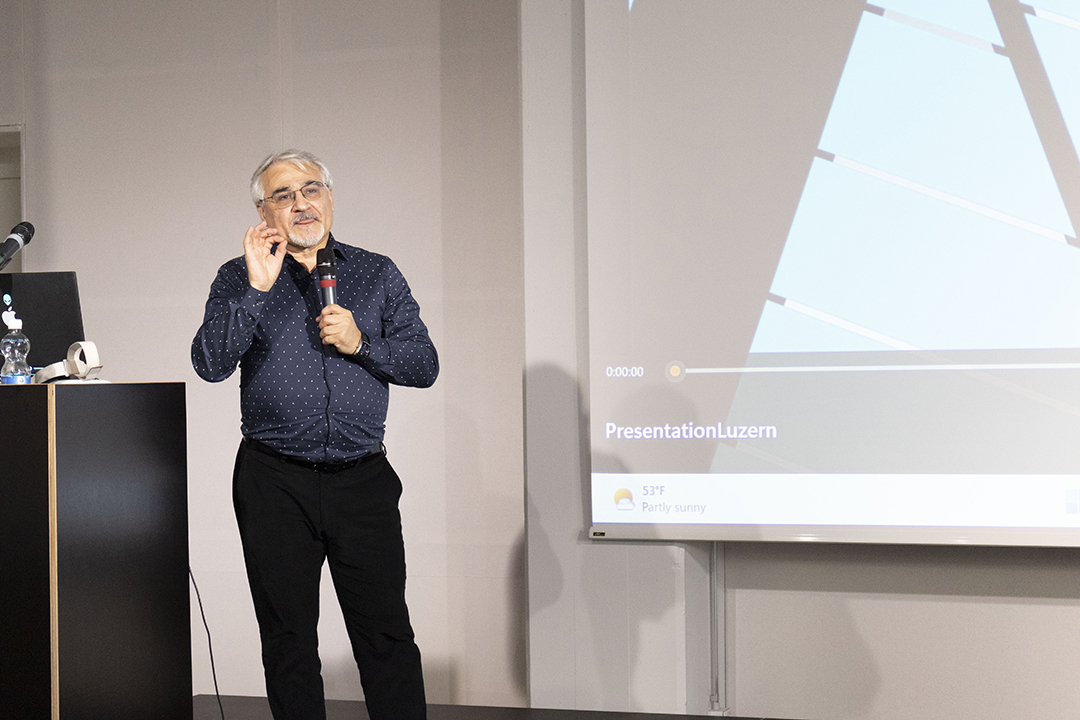 Photo of Andres Montenegro presenting at the Animation Dimensions conference in Luzern, Switzerland