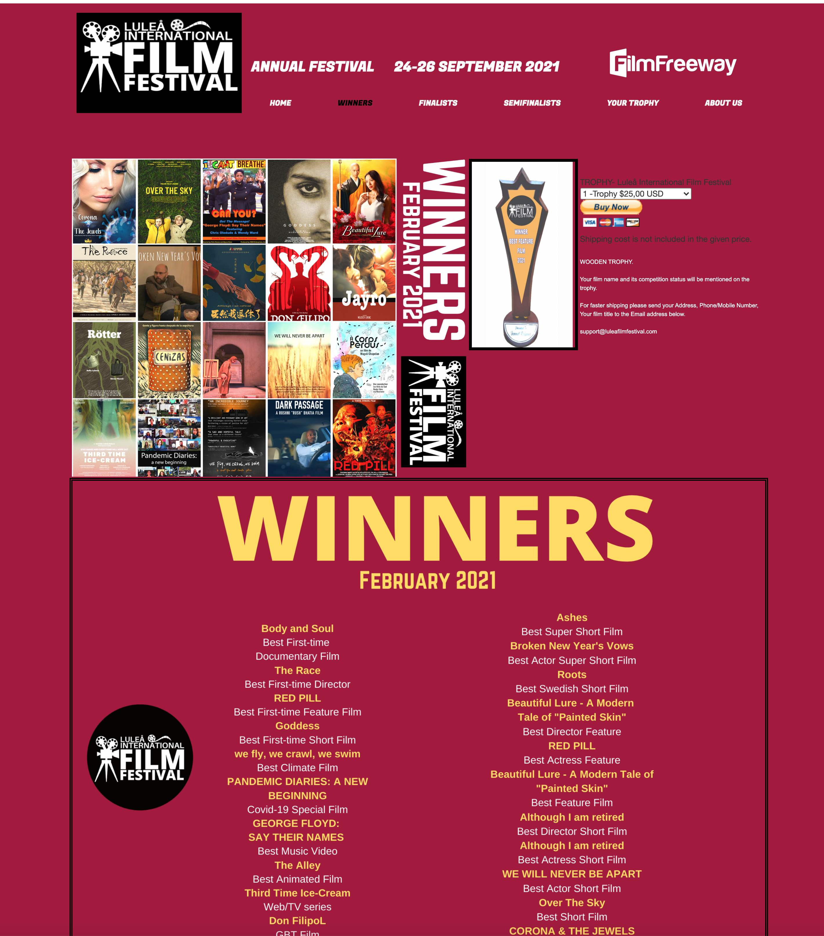 Screenshot of the Lulea Festival website's page showing the winners, including the film The Alley