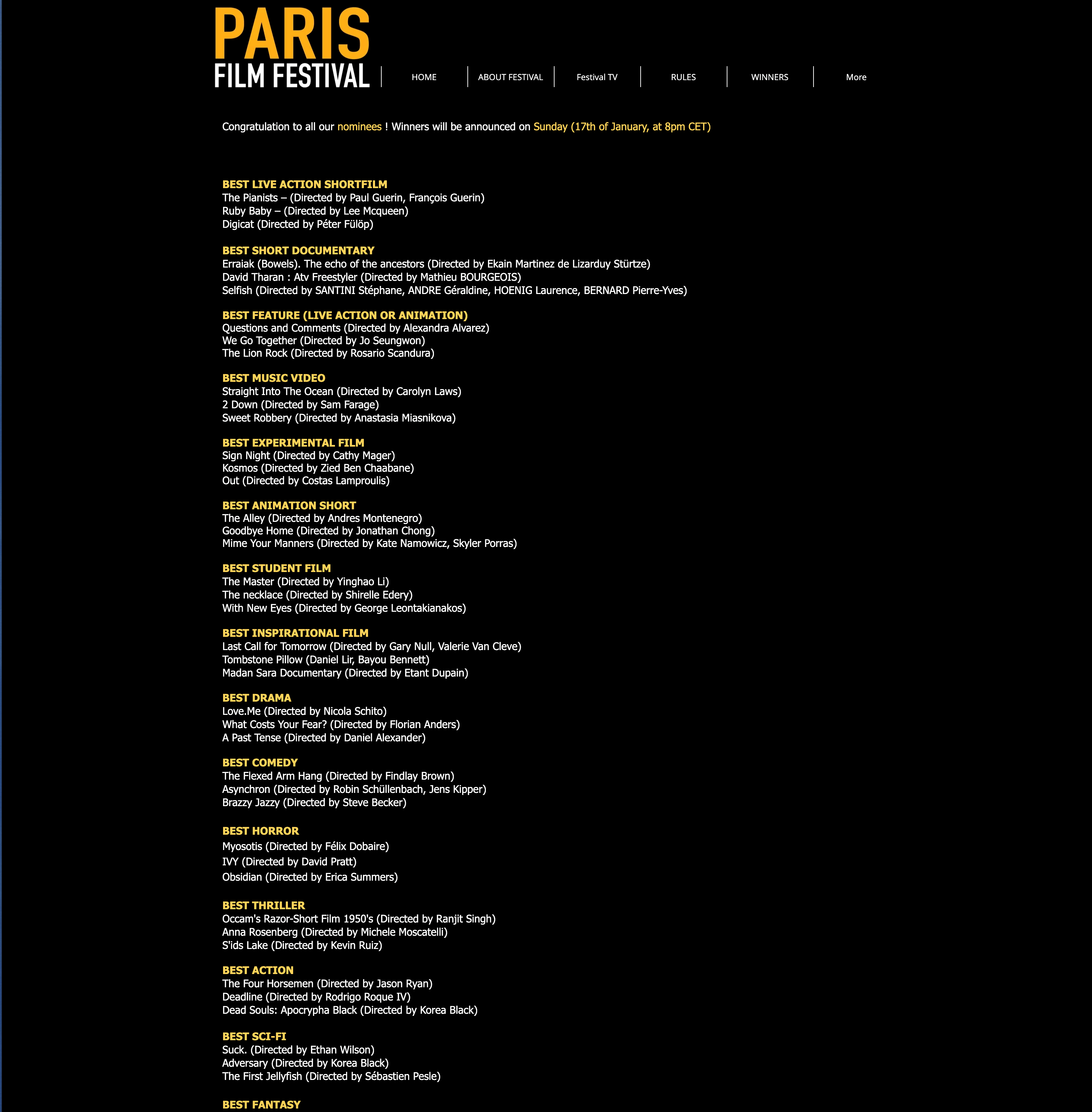 Screenshot of the Paris FIlm Festival program showing the nominees, including the short The Alley