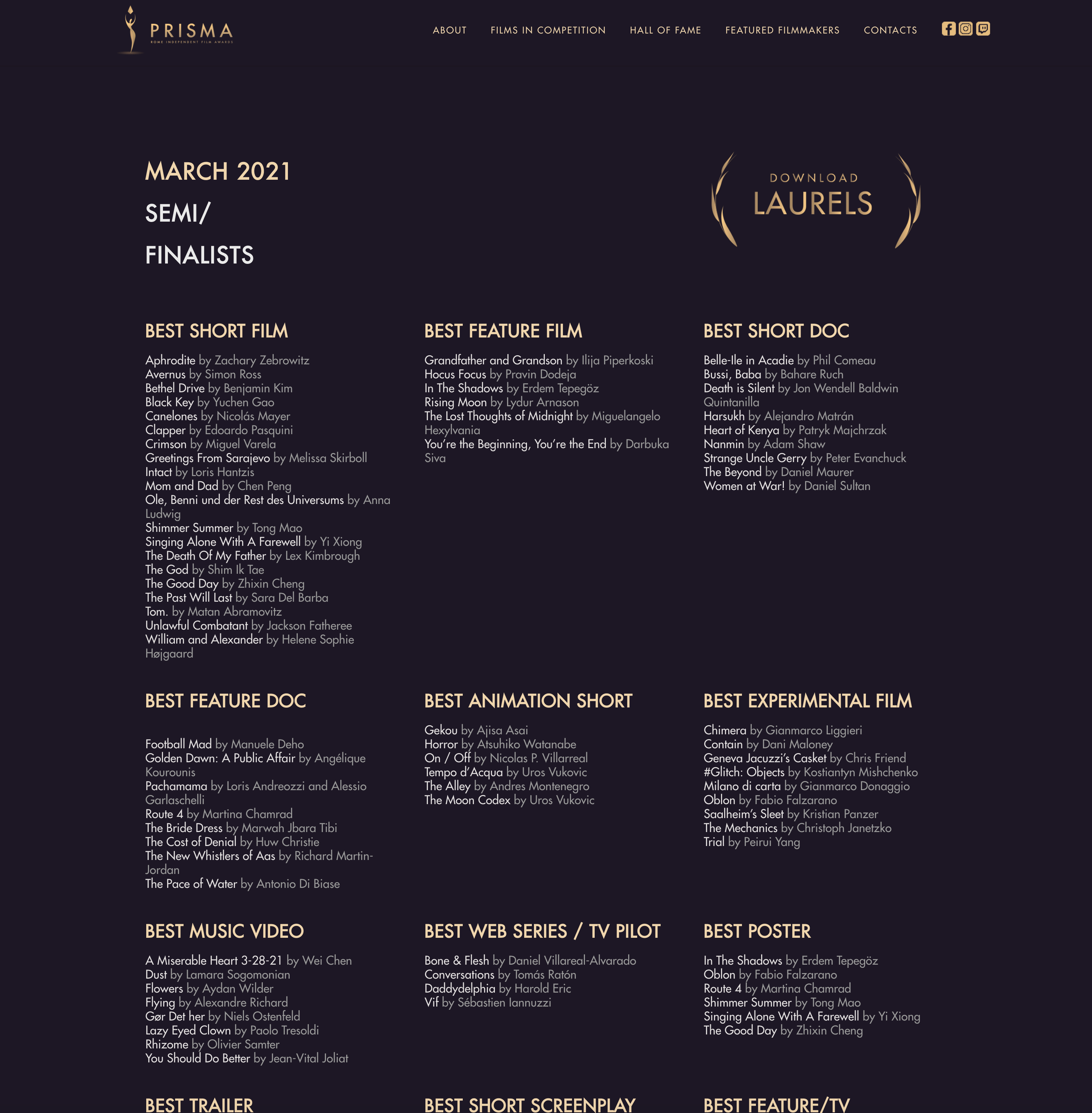 Screenshot of the Roma Film Festival Program showing the semi finalists, including the short The Alley